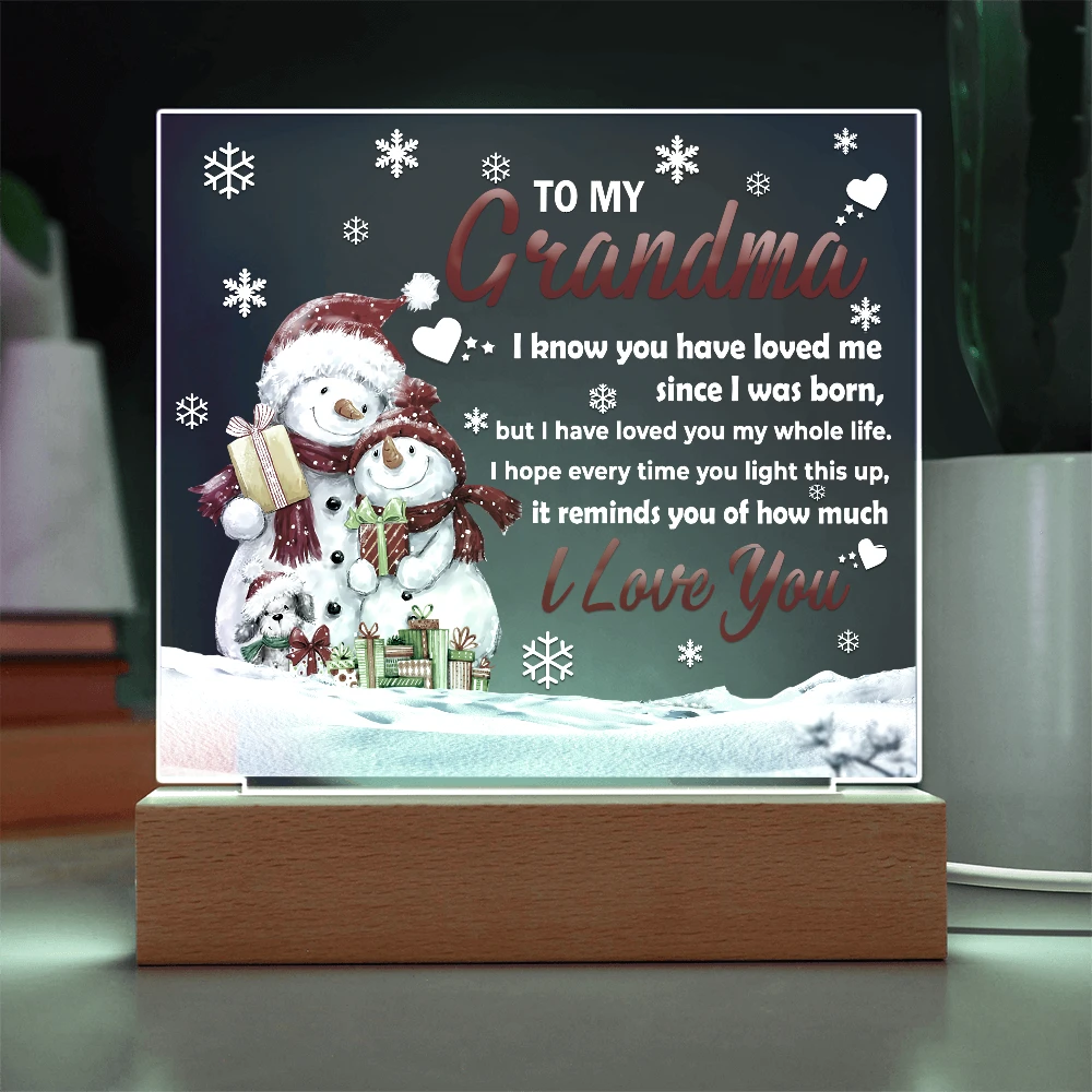 To My Grandma Acrylic Plaque – Snowman Family LED Light Gift | Heartfelt “I Love You” Christmas Keepsake for Grandmother