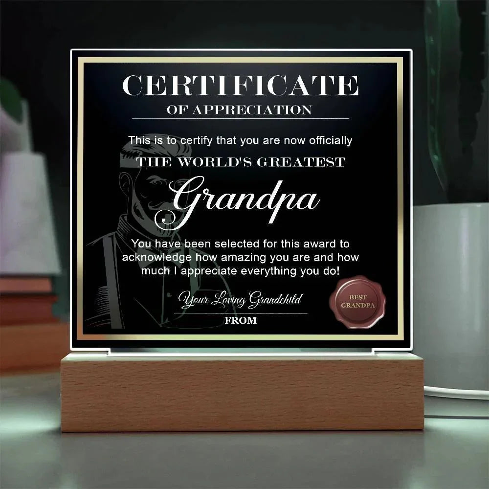 World’s Greatest Grandpa Certificate Acrylic Plaque – Personalized Appreciation Gift with LED Light Base