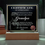 World’s Greatest Grandpa Certificate Acrylic Plaque – Personalized Appreciation Gift with LED Light Base