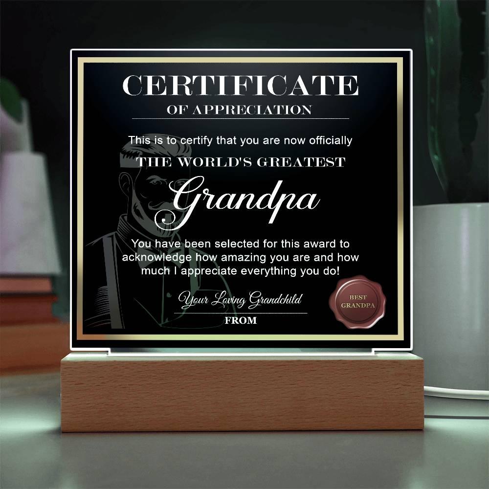 Certificate of Appreciation - The World's Greatest Grandpa Acrylic Plaque - Mallard Moon Gift Shop