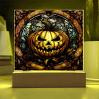 Halloween Pumpkin Stained-Glass Acrylic Square Plaque with LED Wooden Base