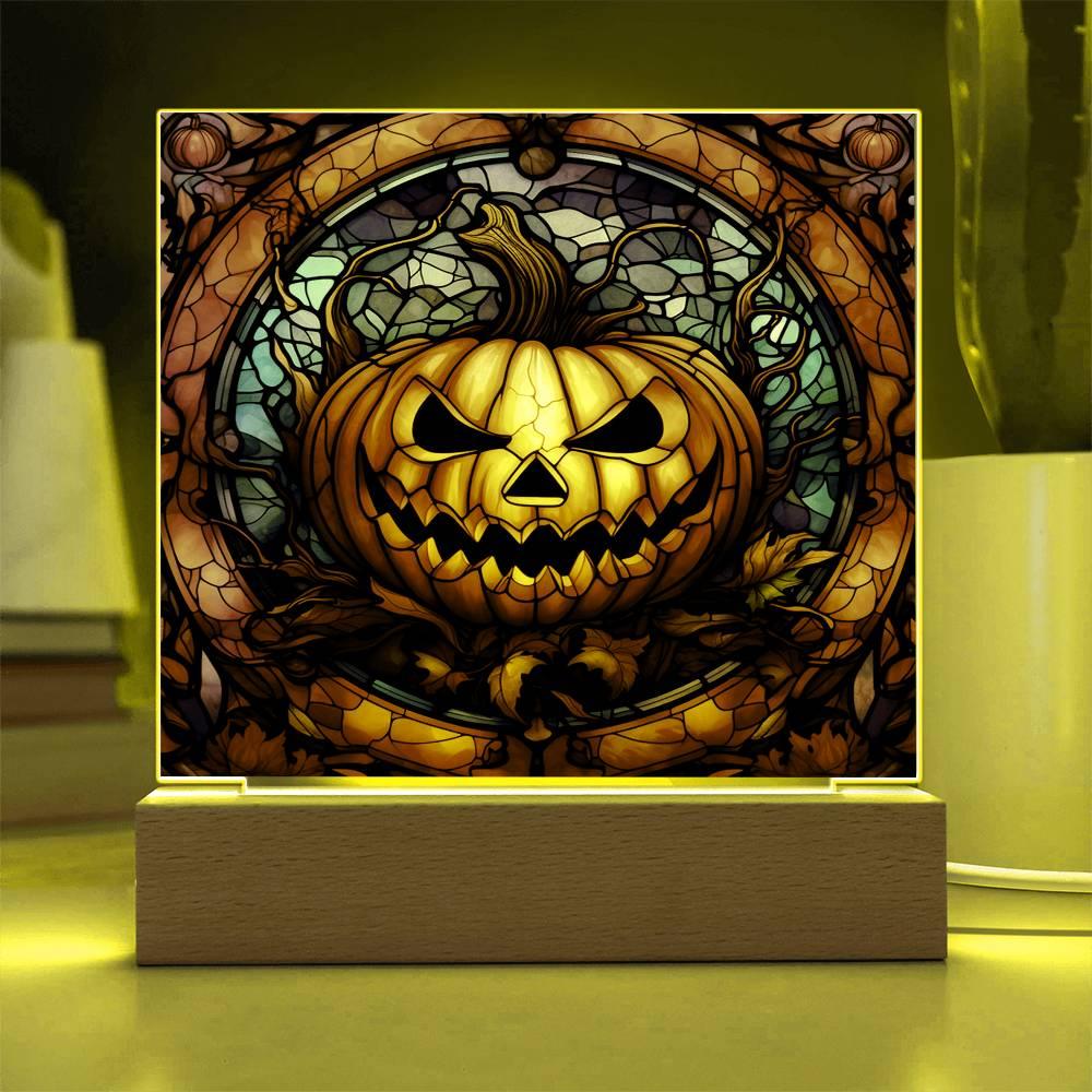 Halloween Pumpkin Stained-Glass Acrylic Square Plaque with LED Wooden Base - Mallard Moon Gift Shop