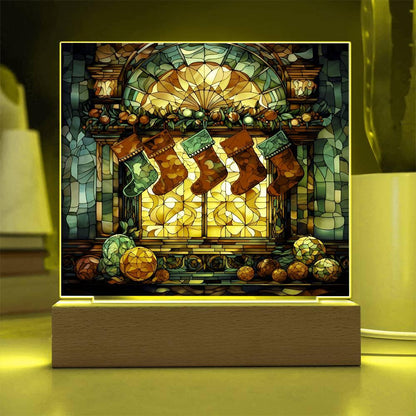 Stained Glass Christmas Stockings Acrylic Plaque with Lighted LED Wooden Base - Mallard Moon Gift Shop