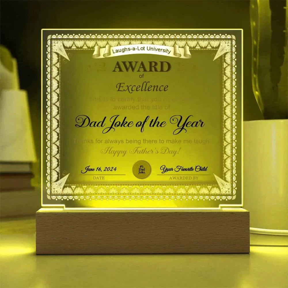 Gift for Dad Award of Excellence for Dad Joke of the Year Personalized Acrylic Plaque