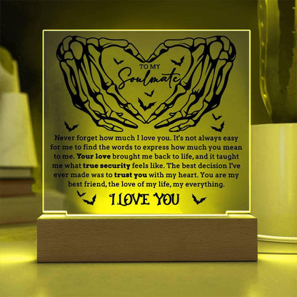 Soulmate - True Security - Halloween Acrylic Square Plaque with LED Lighted Wooden Base - Mallard Moon Gift Shop