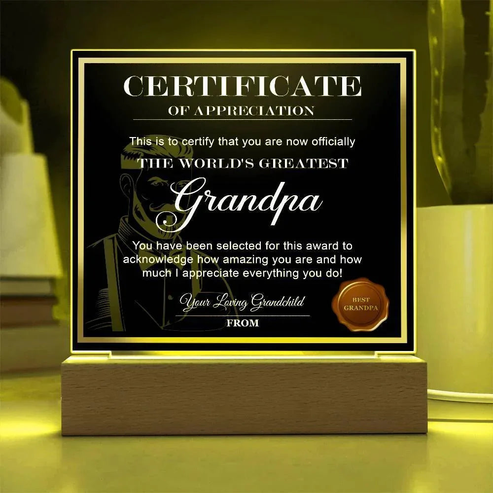 World’s Greatest Grandpa Certificate Acrylic Plaque – Personalized Appreciation Gift with LED Light Base