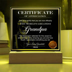 World’s Greatest Grandpa Certificate Acrylic Plaque – Personalized Appreciation Gift with LED Light Base