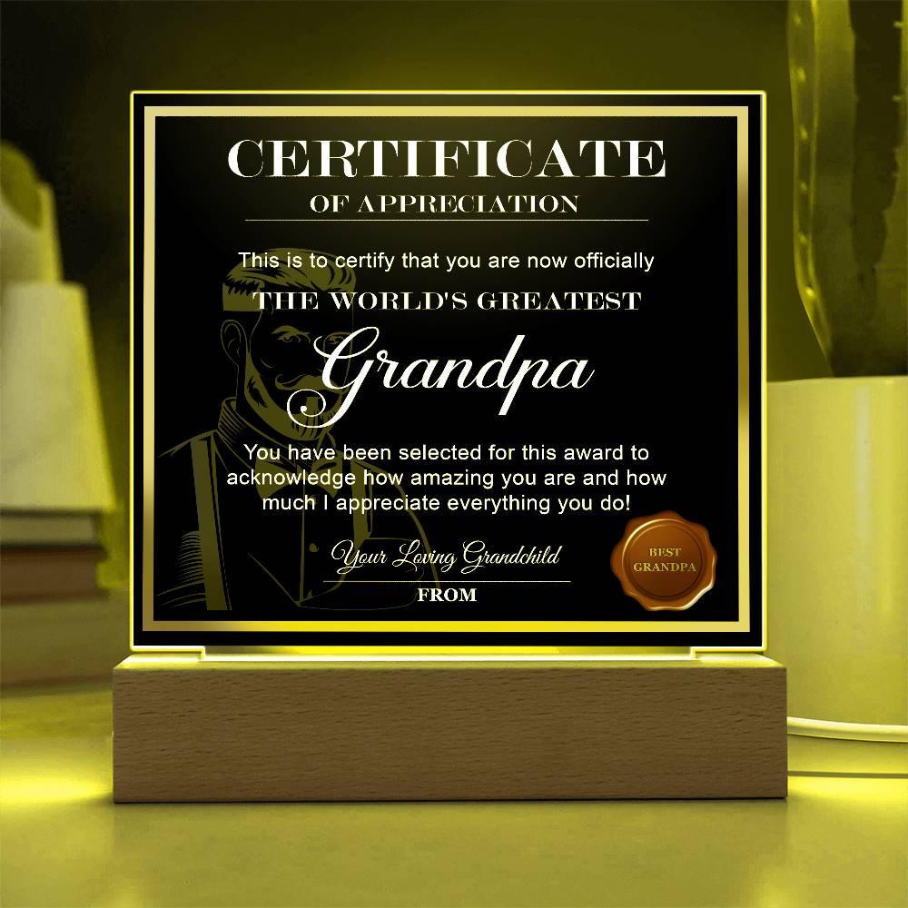 Certificate of Appreciation - The World's Greatest Grandpa Acrylic Plaque - Mallard Moon Gift Shop