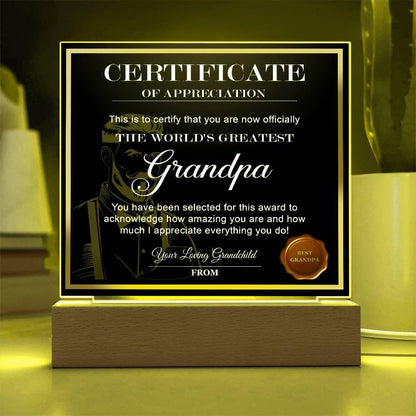 Certificate of Appreciation - The World's Greatest Grandpa Acrylic Plaque - Mallard Moon Gift Shop