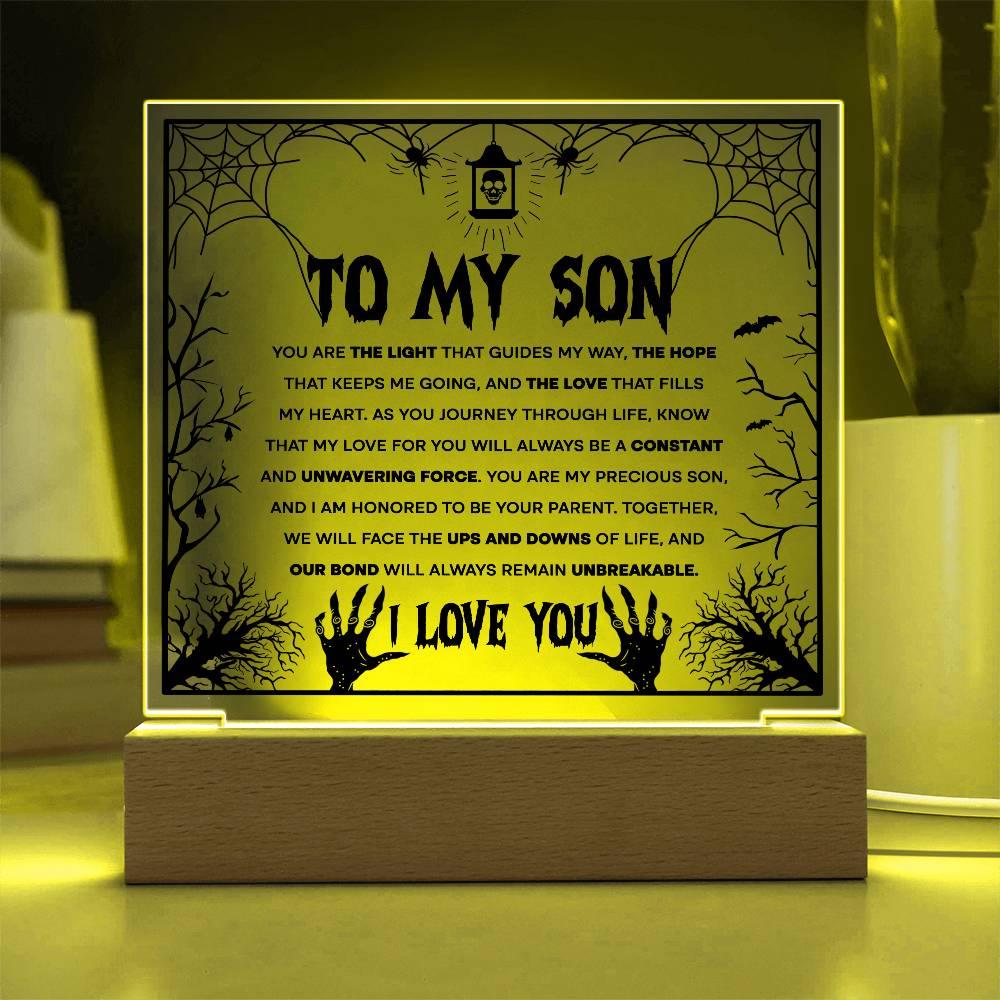Son - Unwavering Force - Halloween Acrylic Square Plaque with LED Wooden Base - Mallard Moon Gift Shop