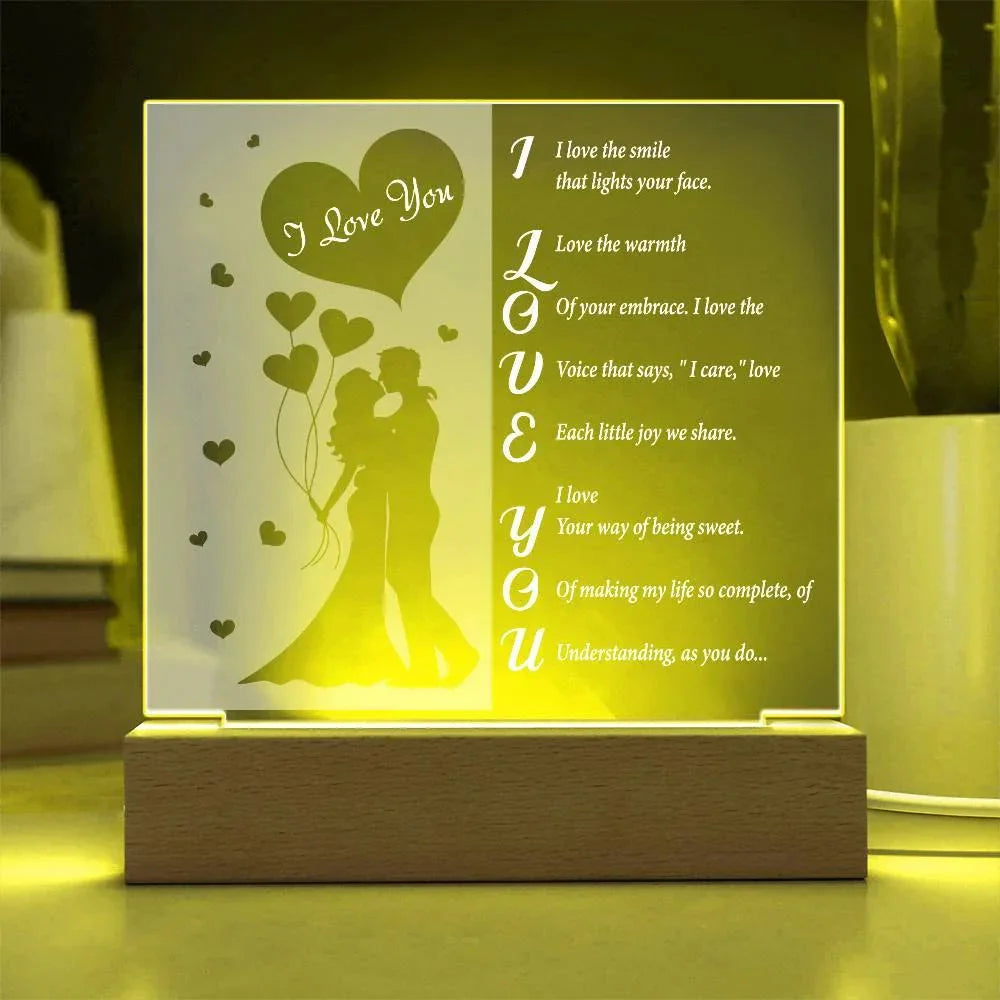 I Love You - Romantic Acrylic LED Plaque – Heartfelt Gift for Wife, Husband, or Partner | Illuminated Poem Keepsake