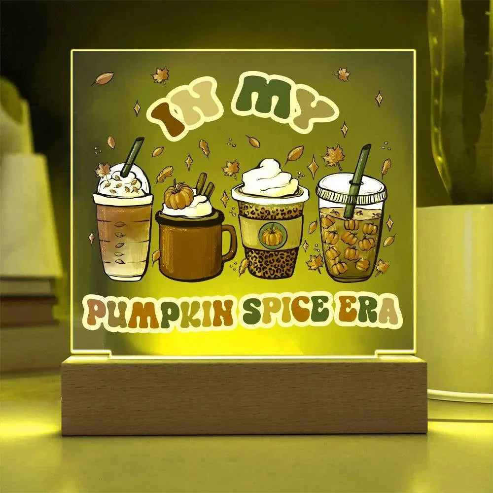 Pumpkin Spice Era Acrylic Square Plaque with LED Wooden Base