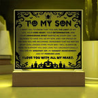 Son - Proudest Achievement - Halloween Acrylic Square Plaque with LED Wooden Base