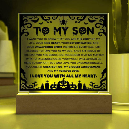 Son - Proudest Achievement - Halloween Acrylic Square Plaque with LED Wooden Base - Mallard Moon Gift Shop