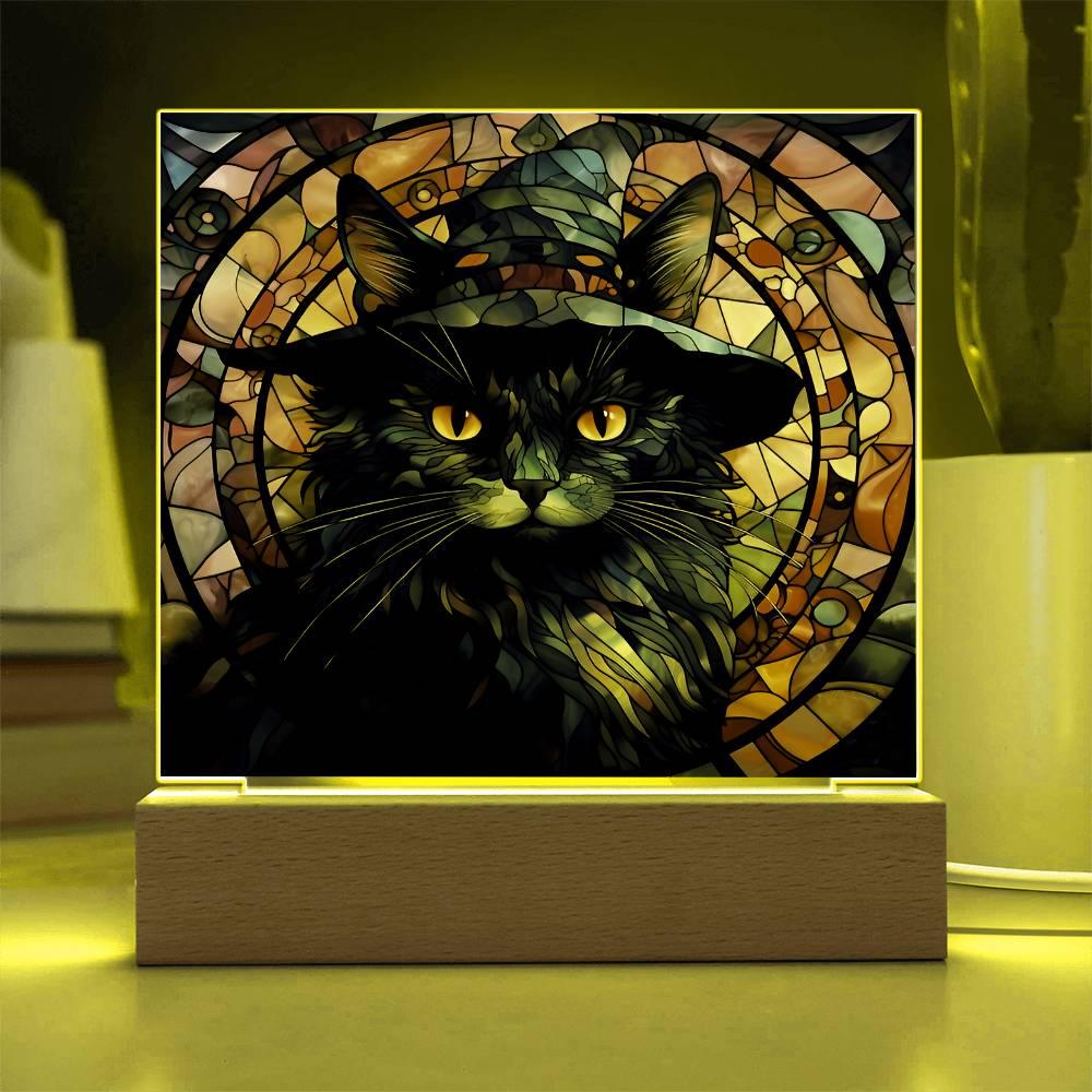 Halloween Decor - Spooky Black Cat Acrylic Square Plaque with LED Wooden Base - Mallard Moon Gift Shop
