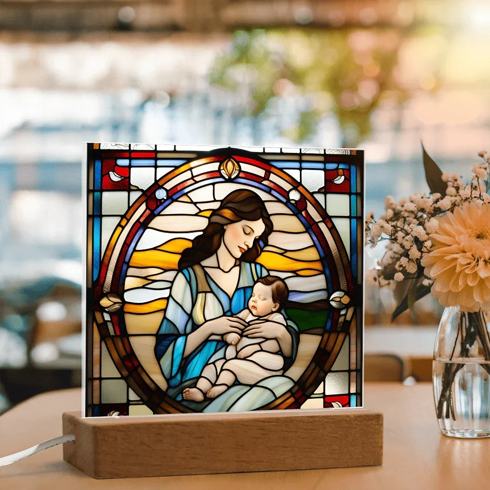 Brunette Mother and Baby - Stained Glass Style LED Acrylic Plaque – A Cherished Gift for Mother's Day or New Moms