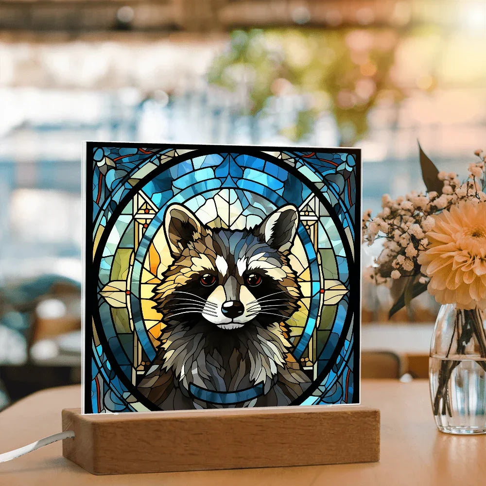 Stained Glass Raccoon Acrylic LED Light Plaque – Custom Animal Art Gift with Wooden Base