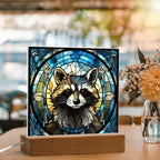 Stained Glass Raccoon Acrylic LED Light Plaque – Custom Animal Art Gift with Wooden Base