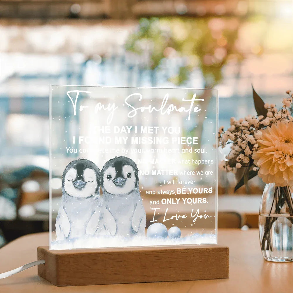 Soulmate Acrylic Plaque – Penguin Couple LED Light Gift | Romantic “You Complete Me” Christmas Keepsake