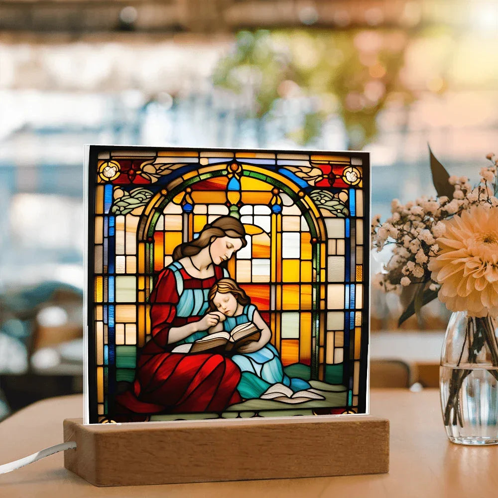 Mother and Child Reading Together Stained-Glass Style LED Acrylic Plaque – A Heartfelt Gift for Moms and Book-Loving Families