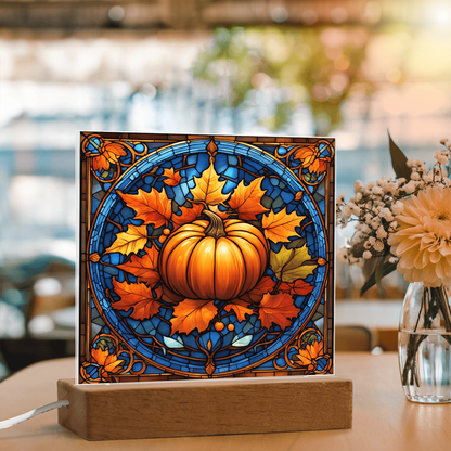 Stained Glass Pumpkin Acrylic Plaque – Elegant Thanksgiving Home Décor | Fall Harvest LED Light Display
