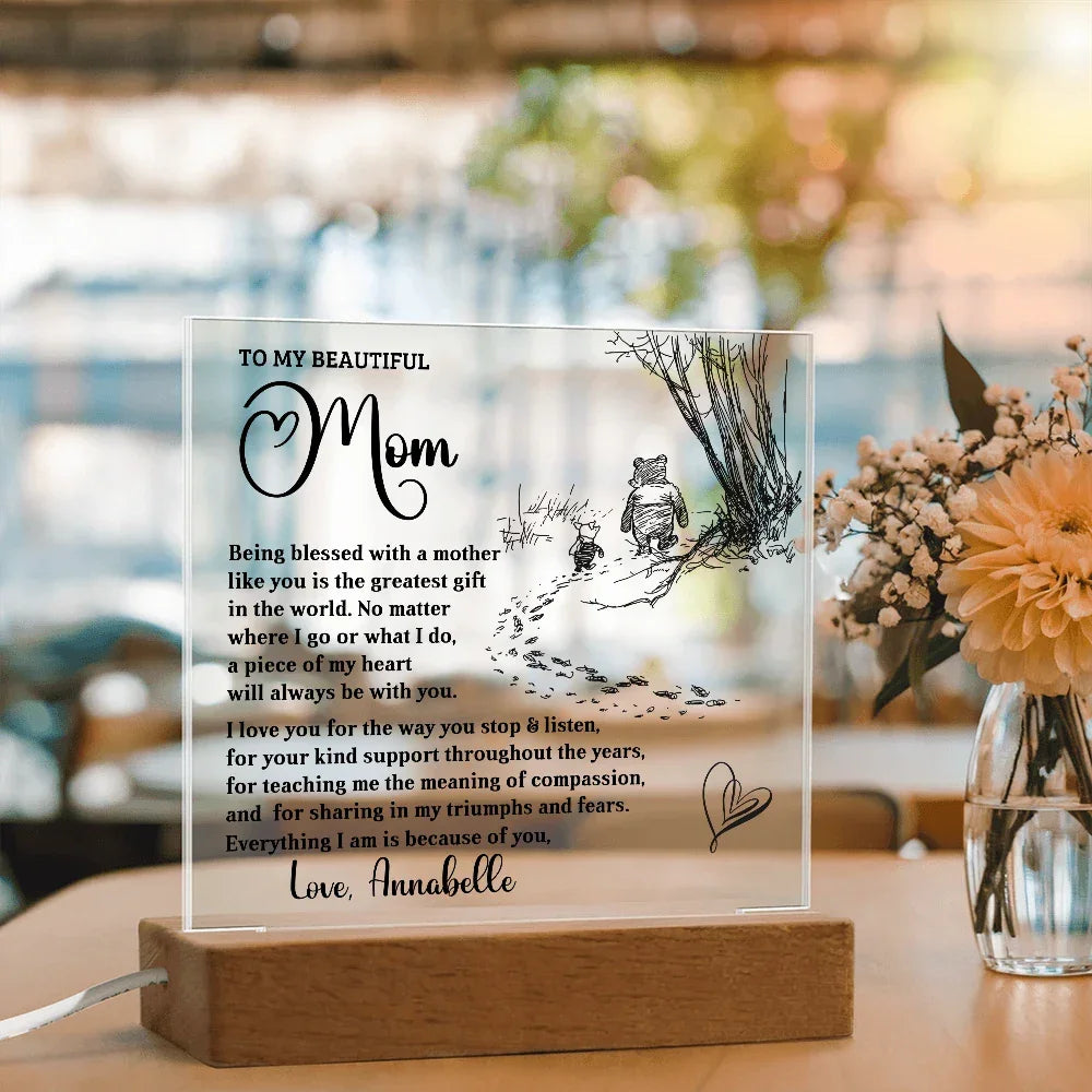 Personalized Acrylic Plaque for Mom – Custom Name Gift for Mother's Day, Birthday, or Christmas – LED Base with 7 Colors – Sentimental Gift for Mom from Daughter or Son