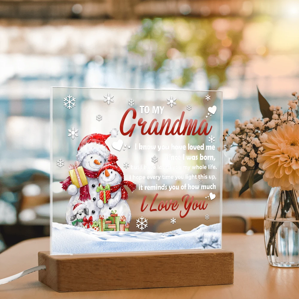 To My Grandma Acrylic Plaque – Snowman Family LED Light Gift | Heartfelt “I Love You” Christmas Keepsake for Grandmother