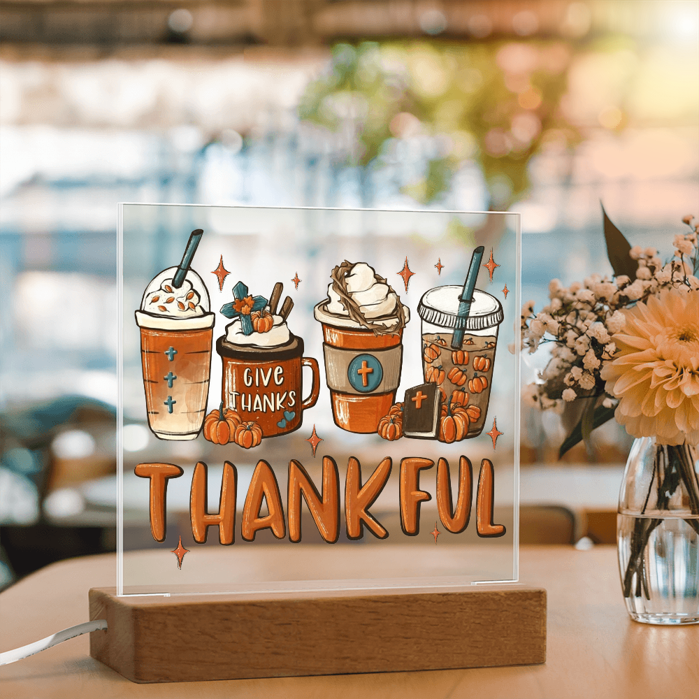 Thankful Coffee Acrylic Plaque – Cozy Fall Décor Gift for Coffee Lovers | “Give Thanks” Autumn LED Light Display