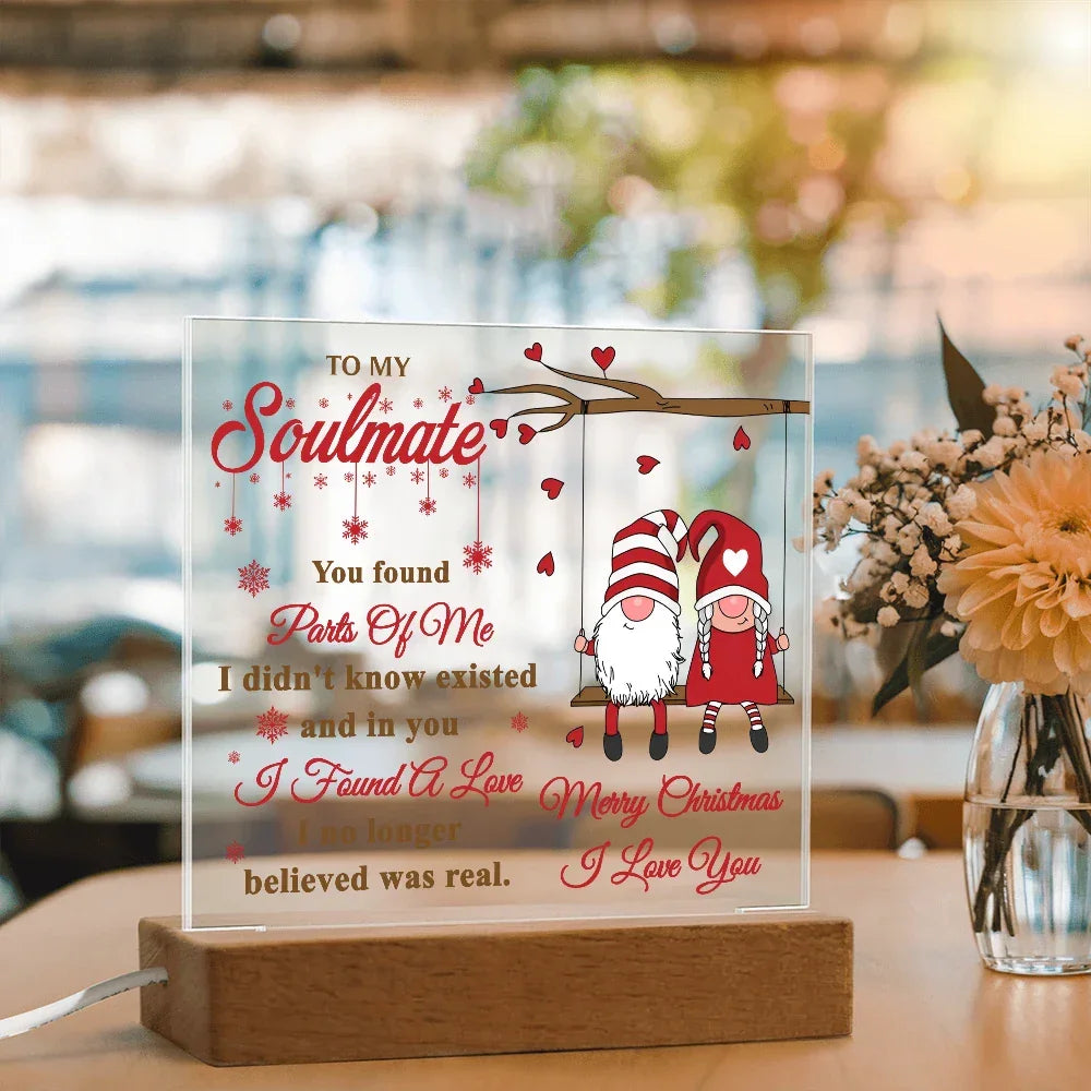 To My Soulmate Acrylic Plaque – Gnome Couple LED Light Gift | Romantic “I Found a Love” Christmas Keepsake
