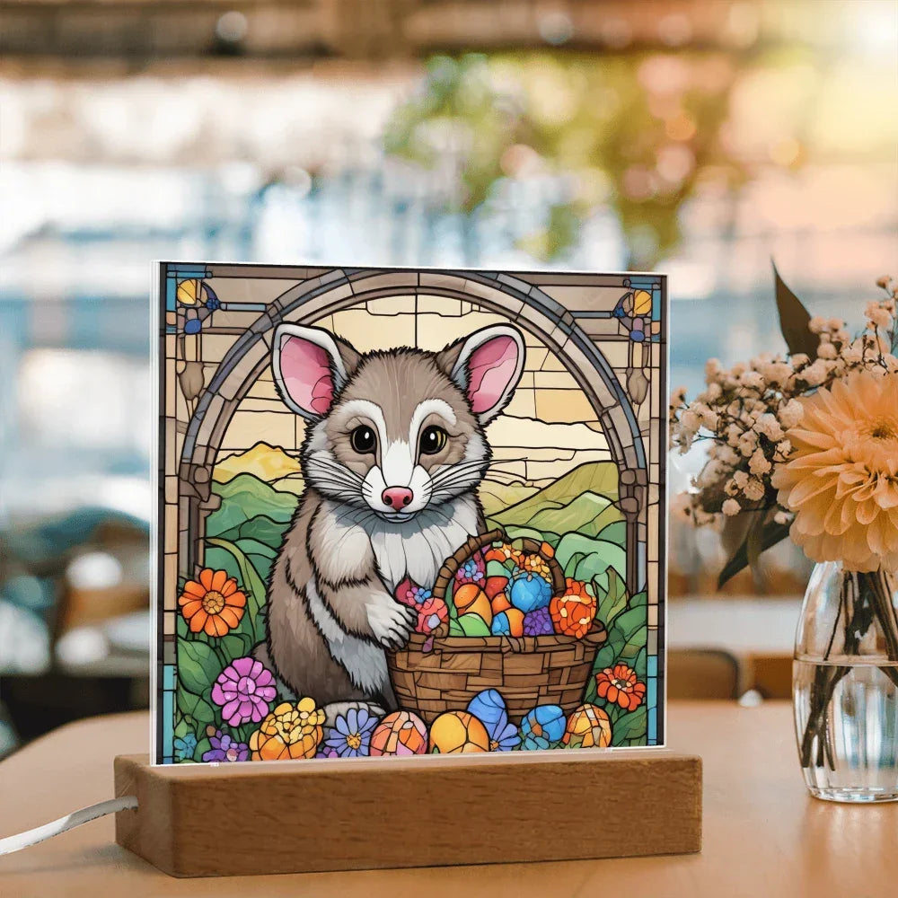 Possum LED Acrylic Plaque, Night Light – Spring Flowers & Easter Egg Basket – Wooden Base (Battery or Corded)