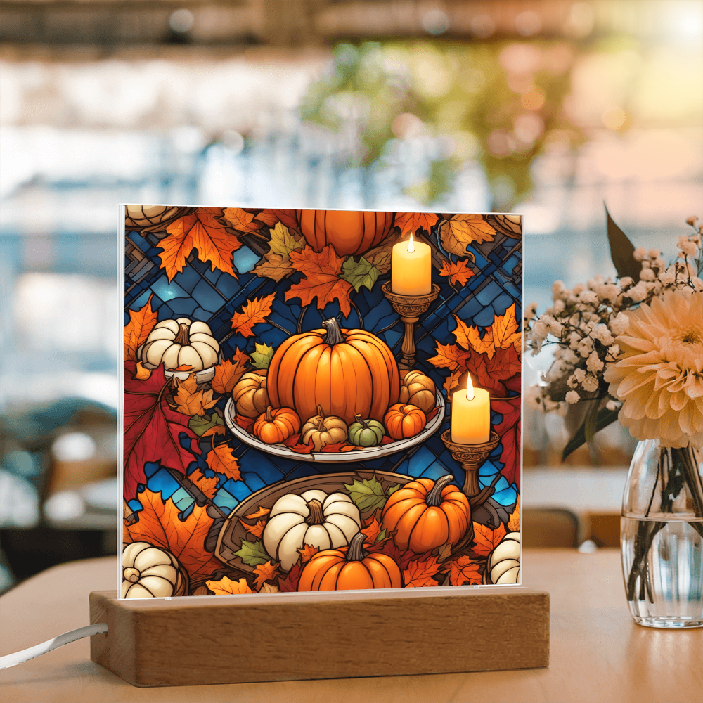 Stained Glass Pumpkin & Candle Acrylic Plaque – Thanksgiving Harvest Centerpiece | Fall Home Décor with LED Light Base