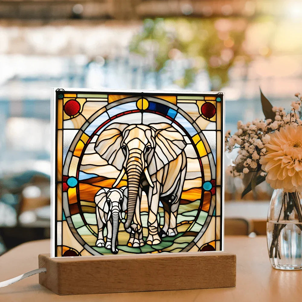 Elephant Mother and Baby Calf - Stained Glass Style LED Acrylic Plaque – A Symbol of Strength, Love, and Family