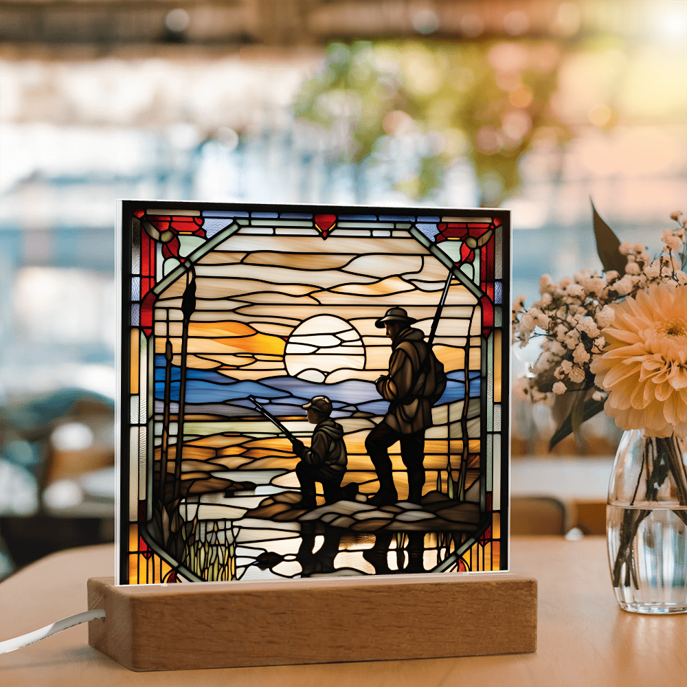 Father and Son Duck Hunting - Stained Glass Style LED Acrylic Plaque – A Meaningful Gift for Hunters and Outdoorsmen - Mallard Moon Gift Shop