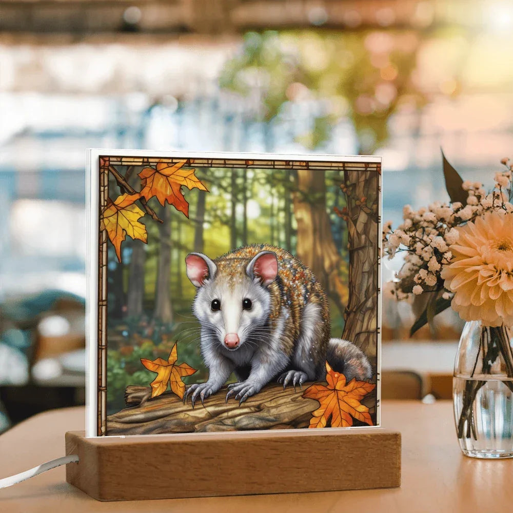 North American Opossum LED Acrylic Plaque – Autumn Forest Scene – Wooden Base (Battery or Corded)