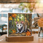 North American Opossum LED Acrylic Plaque – Autumn Forest Scene – Wooden Base (Battery or Corded)