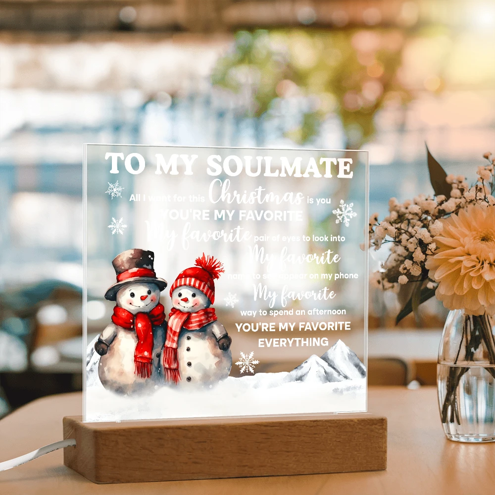 To My Soulmate Acrylic Plaque – Romantic Snowman Couple LED Light Gift | “You're My Favorite Everything” Christmas Keepsake