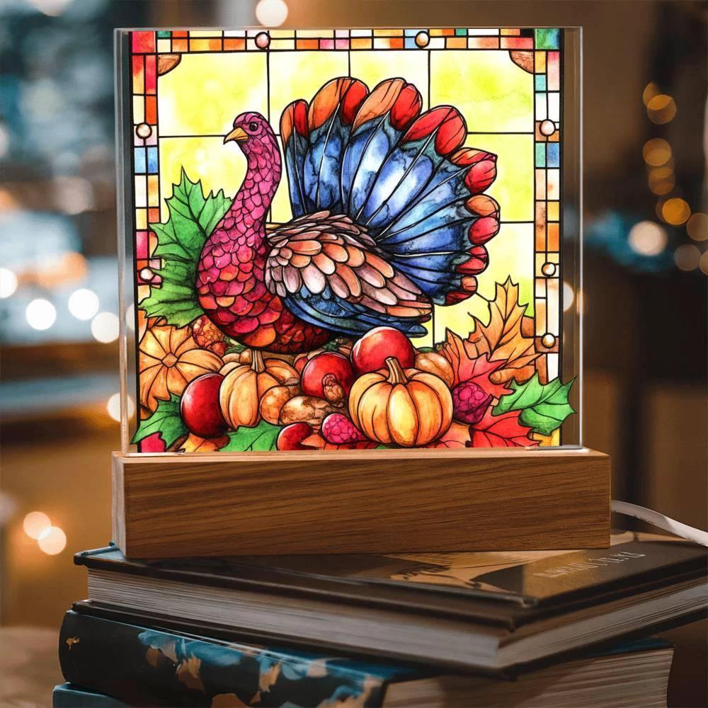 Thanksgiving Turkey Stained-glass Acrylic Square LED Lighted Wooden Base