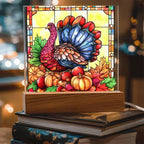 Thanksgiving Turkey Stained-glass Acrylic Square LED Lighted Wooden Base