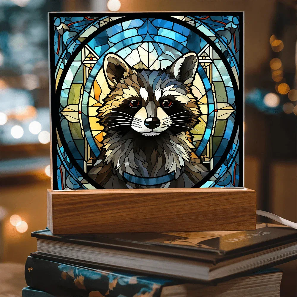 Stained Glass Raccoon Acrylic LED Light Plaque – Custom Animal Art Gift with Wooden Base