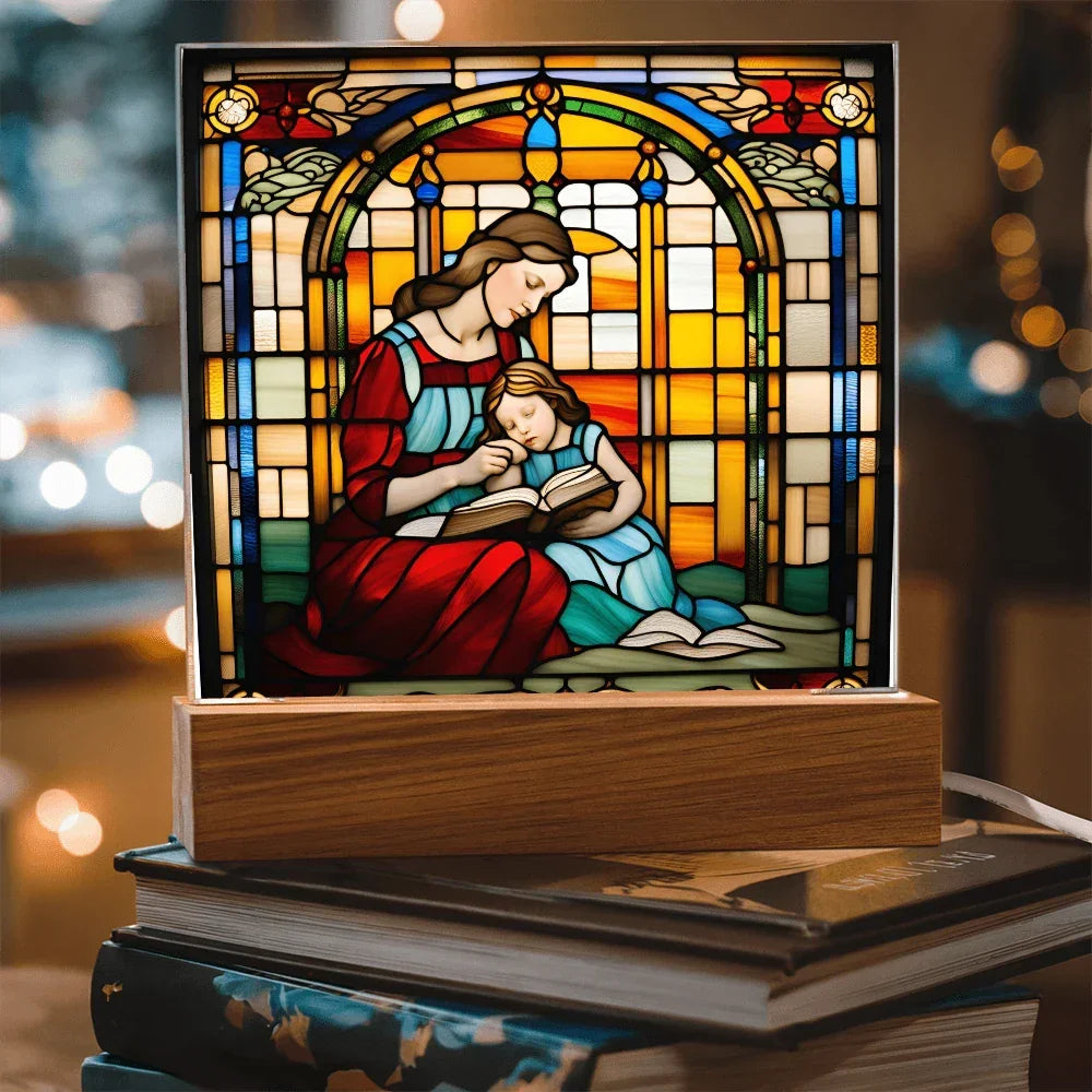 Mother and Child Reading Together Stained-Glass Style LED Acrylic Plaque – A Heartfelt Gift for Moms and Book-Loving Families