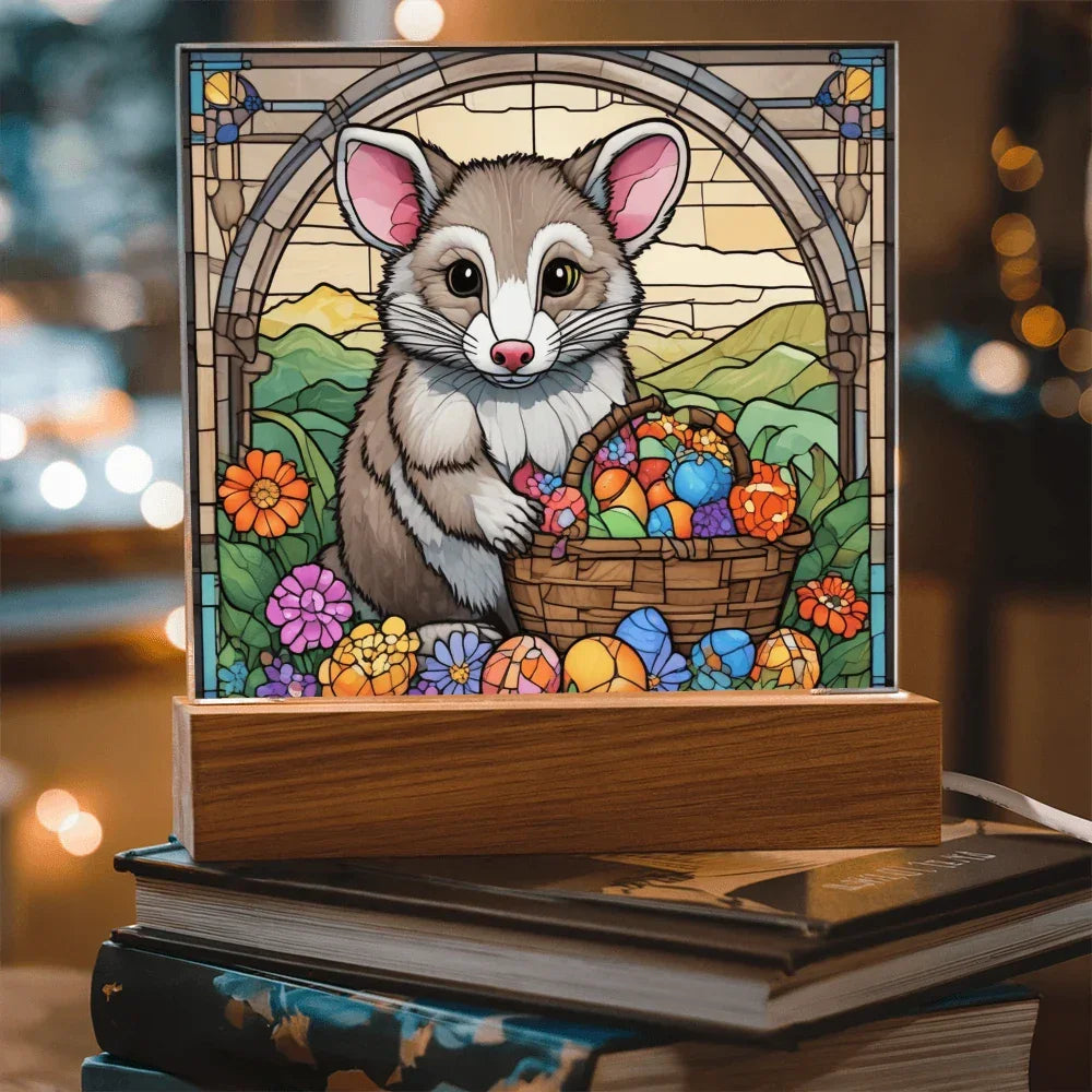 Possum LED Acrylic Plaque, Night Light – Spring Flowers & Easter Egg Basket – Wooden Base (Battery or Corded)