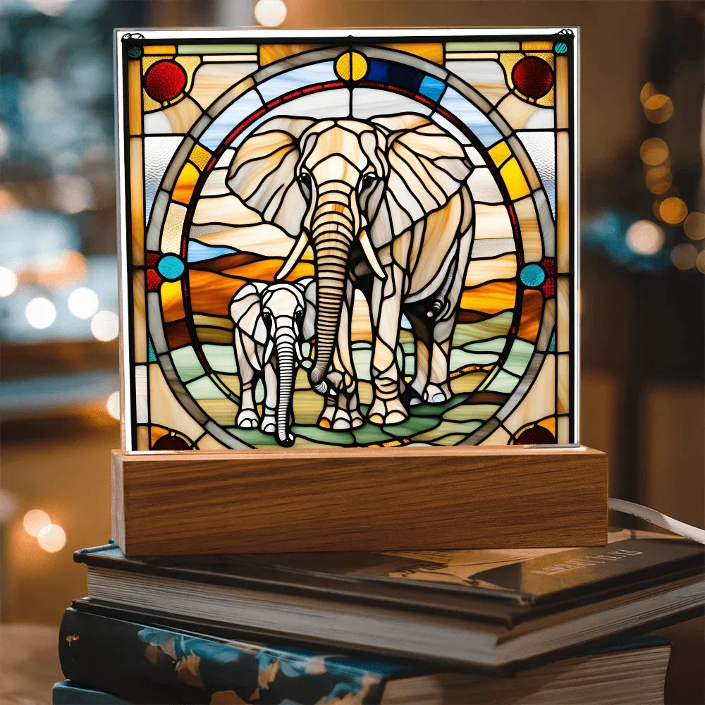 Elephant Mother and Baby Calf - Stained Glass Style LED Acrylic Plaque – A Symbol of Strength, Love, and Family