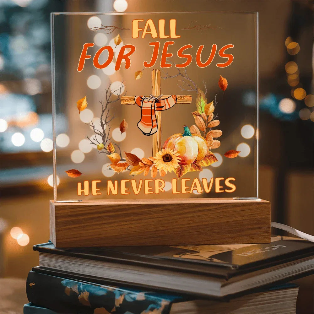 Fall for Jesus Acrylic Plaque – Christian Fall Décor with Cross and Pumpkins | Faith-Based LED Light Display Gift