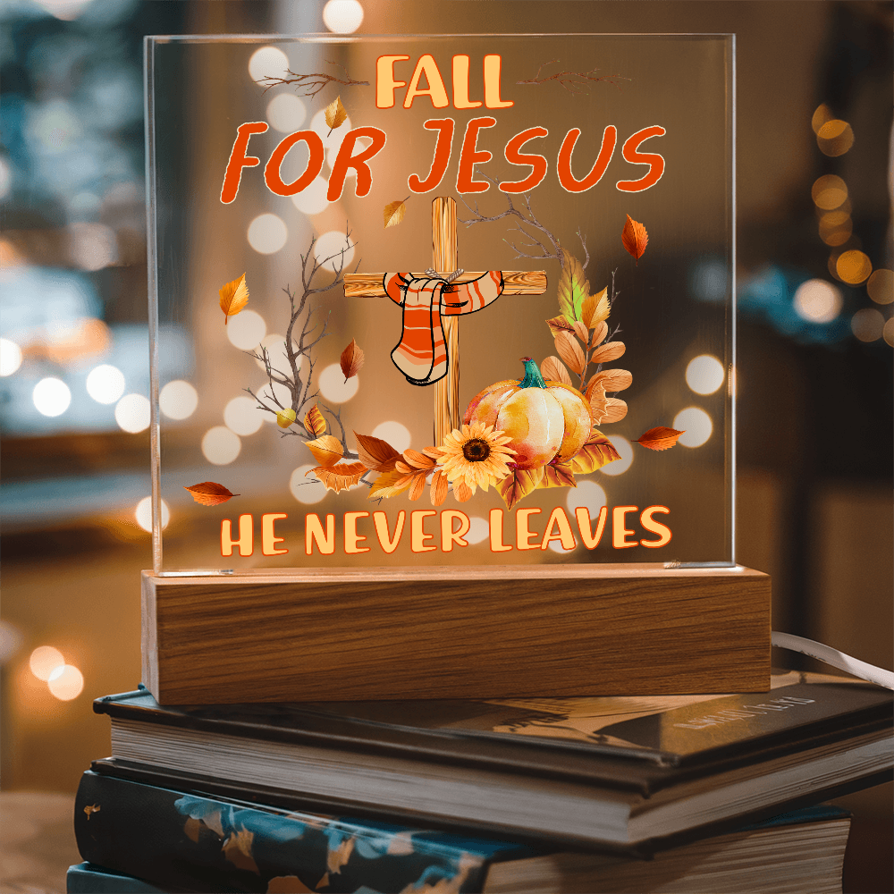 Fall for Jesus Acrylic Plaque – Christian Fall Décor with Cross and Pumpkins | Faith-Based LED Light Display Gift