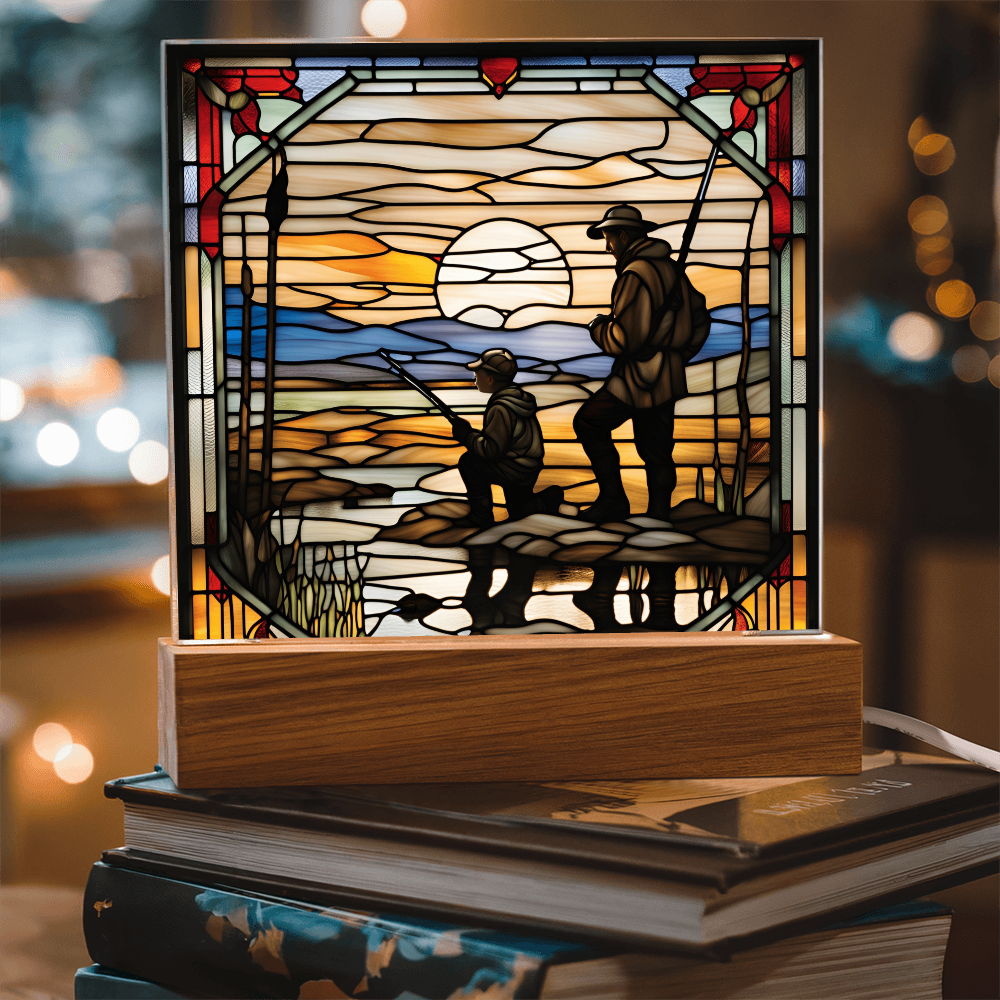 Father and Son Duck Hunting - Stained Glass Style LED Acrylic Plaque – A Meaningful Gift for Hunters and Outdoorsmen - Mallard Moon Gift Shop