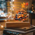 Fall Is in the Air Acrylic Plaque – Pumpkin Truck Autumn Decor – Lighted Acrylic Sign with Wooden Base (Corded or Battery Option)