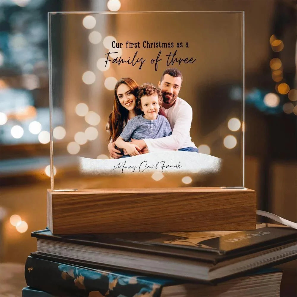Family Acrylic Plaque – “Our First Christmas as a Family of…” | Custom Name & Family Size Light-Up Holiday Gift