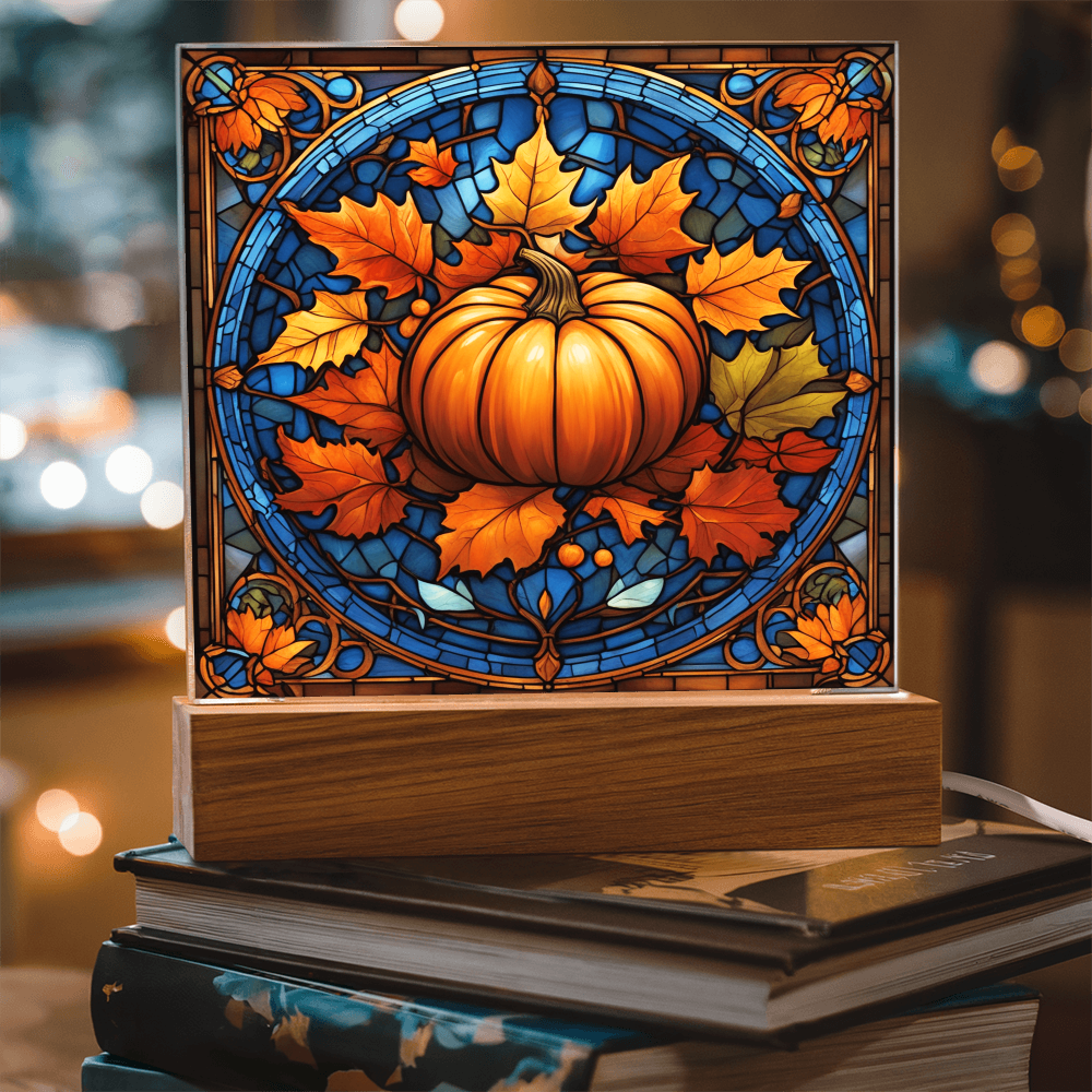 Stained Glass Pumpkin Acrylic Plaque – Elegant Thanksgiving Home Décor | Fall Harvest LED Light Display