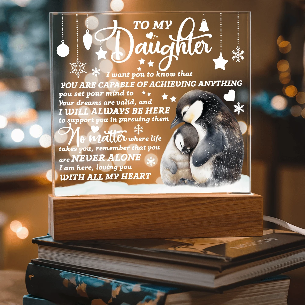 Daughter Penguin Acrylic Plaque – Heartfelt Christmas or Birthday Gift from Mom or Dad | “You Are Capable” LED Light Display