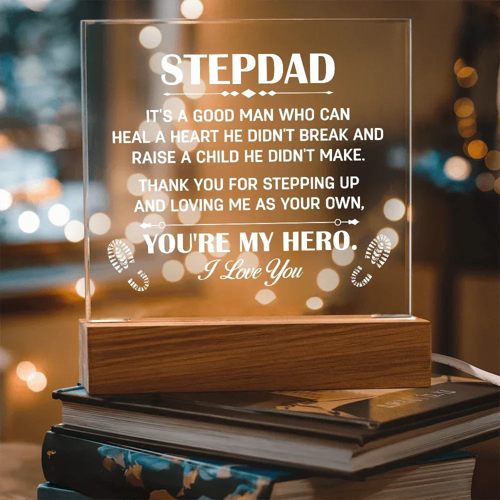 Stepdad Acrylic LED Plaque – “You're My Hero” Personalized Gift with Custom Name for Father's Day, Birthday, or Christmas